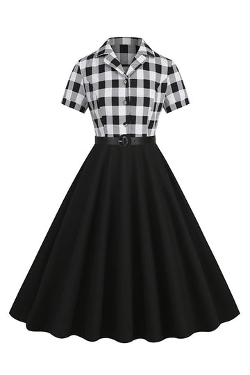 V-Neck Short Sleeves Plaid Black 1950s Dress with Belt
